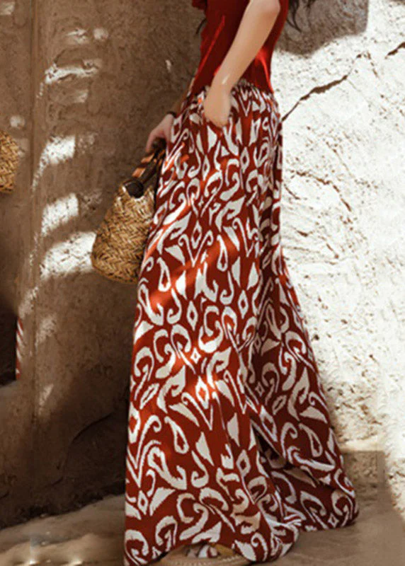 Bohemian Orange Print Tie Waist Wide Leg Pants Summer - Image 5