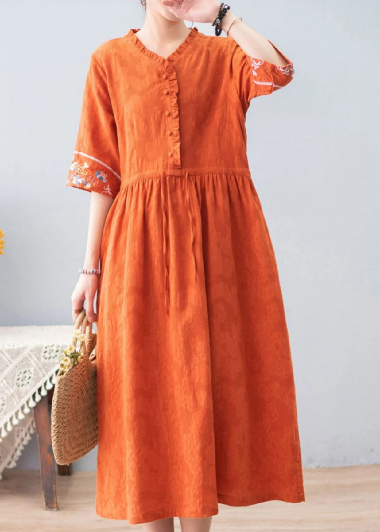 Bohemian Orange Ruffled Drawstring Embroideried Jacquard Cotton Dresses Half Sleeve - Image 2