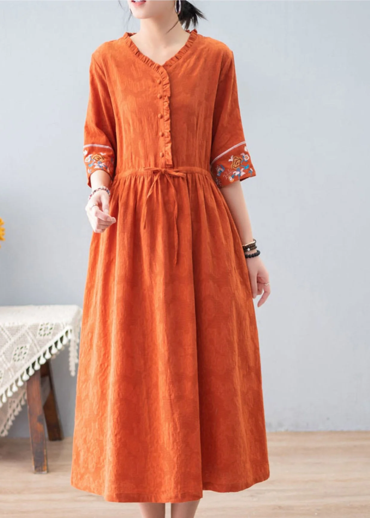 Bohemian Orange Ruffled Drawstring Embroideried Jacquard Cotton Dresses Half Sleeve - Image 4