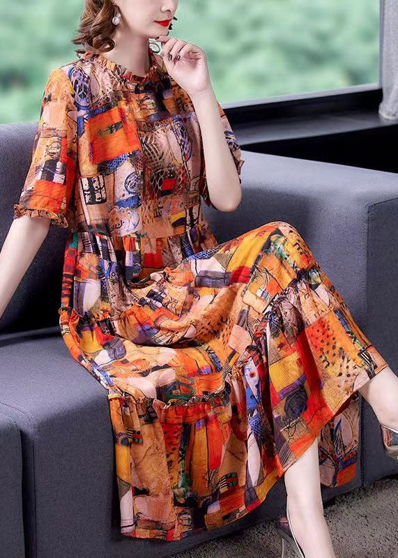 Bohemian Orange Ruffled Print Patchwork Silk Dress Summer - Image 2