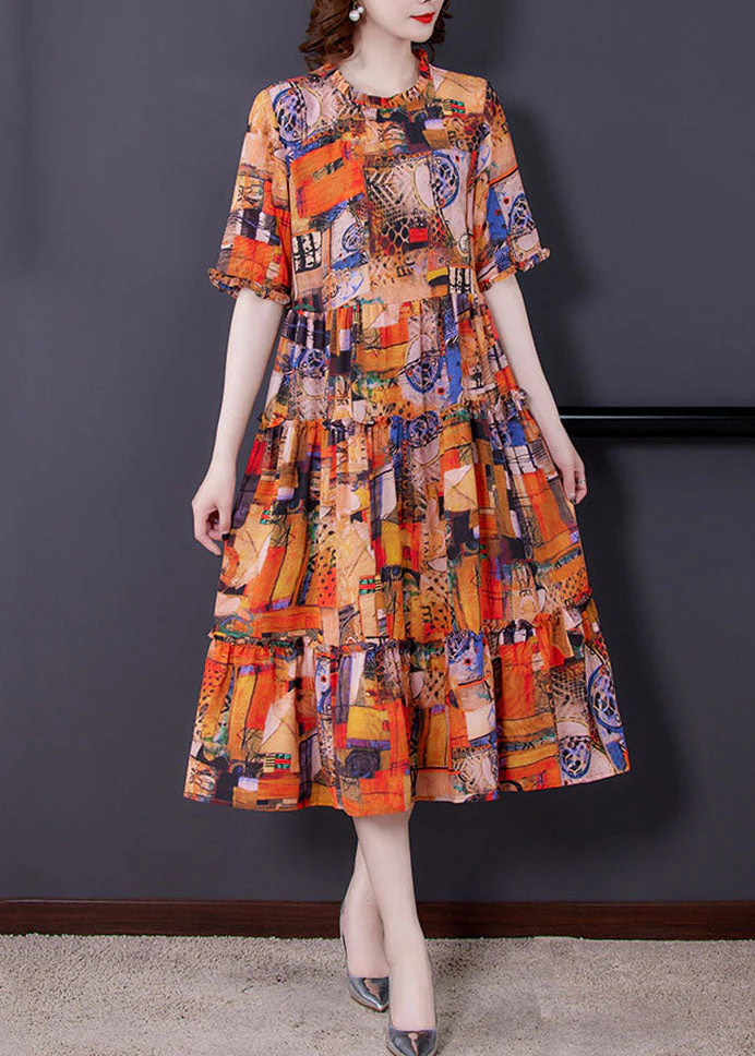 Bohemian Orange Ruffled Print Patchwork Silk Dress Summer - Image 3