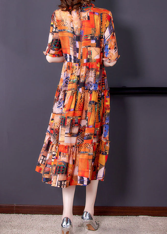 Bohemian Orange Ruffled Print Patchwork Silk Dress Summer - Image 5