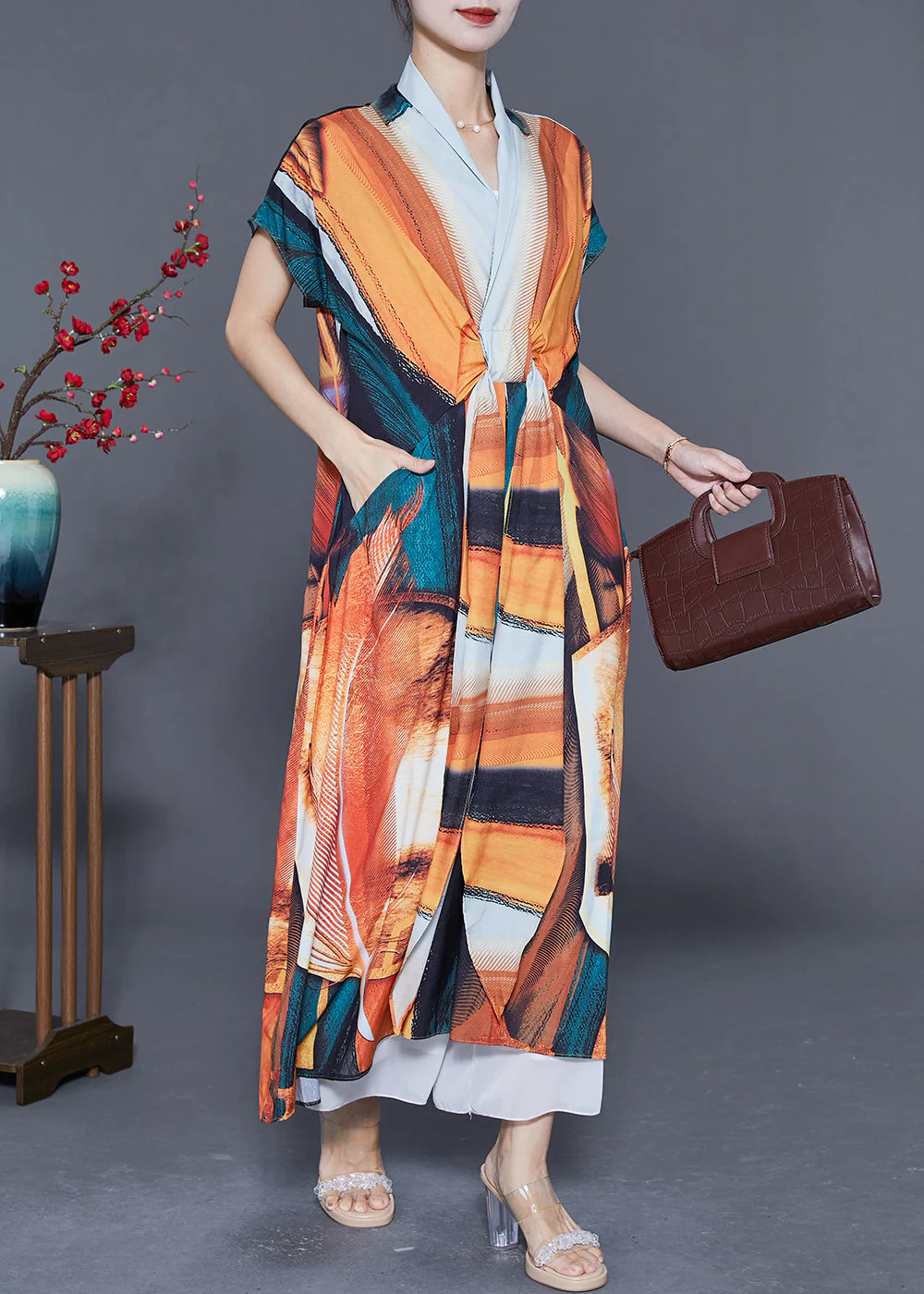 Bohemian Orange V Neck Print Chiffon Robe Dresses Summer - Image 3