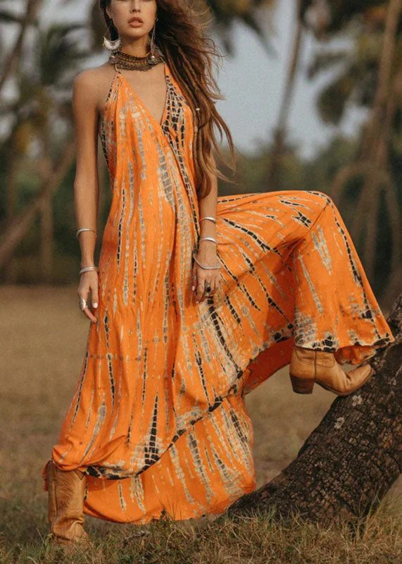 Bohemian Orange V Neck Print Chiffon Spaghetti Strap Dress Summer - Image 2