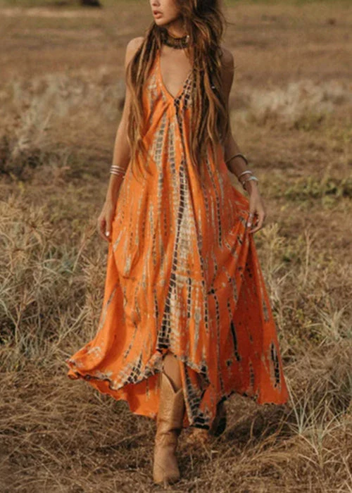 Bohemian Orange V Neck Print Cotton Long Dress Sleeveless - Image 2