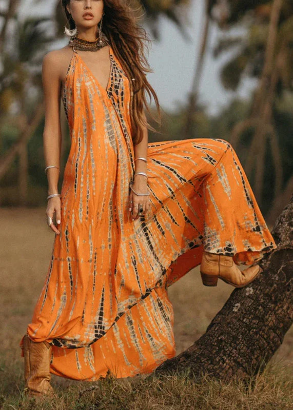 Bohemian Orange V Neck Print Cotton Long Dress Sleeveless - Image 3