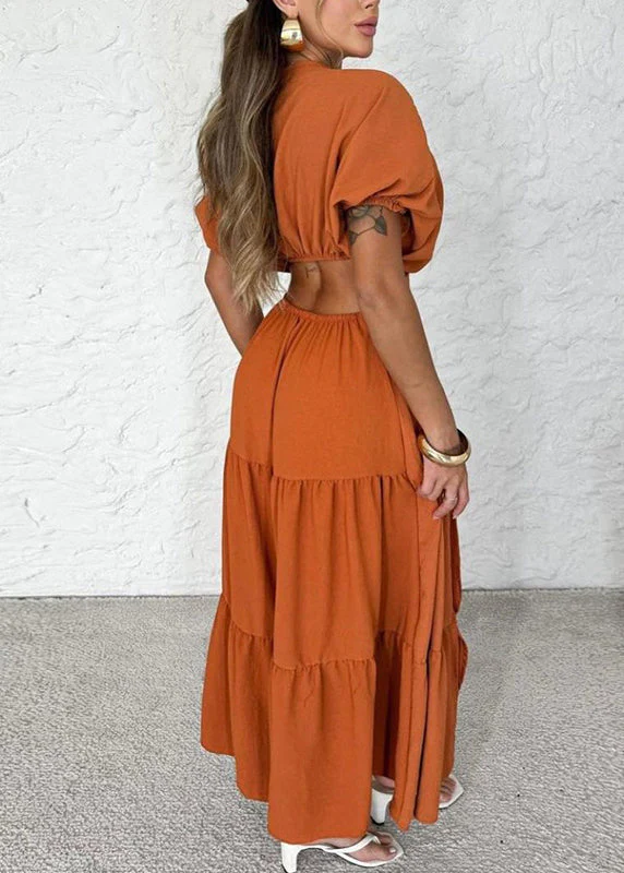 Bohemian Orange V Neck Wrinkled Side Open Cotton Dress Summer - Image 2