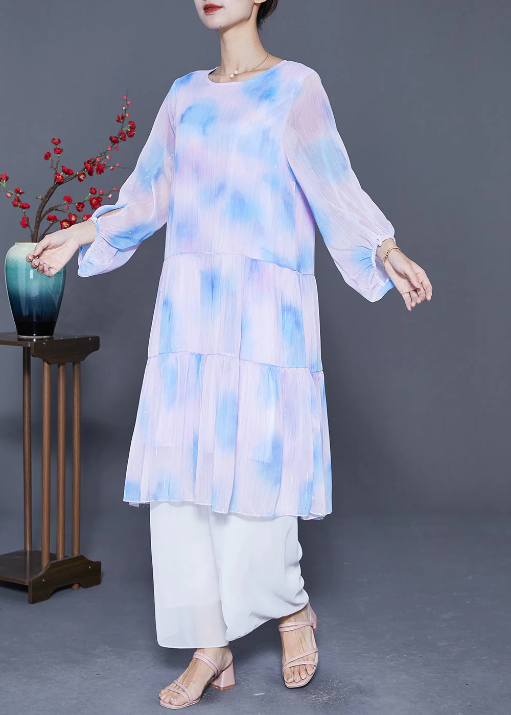Bohemian Oversized Patchwork Tie Dye Silk Robe Dresses Lantern Sleeve - Image 3