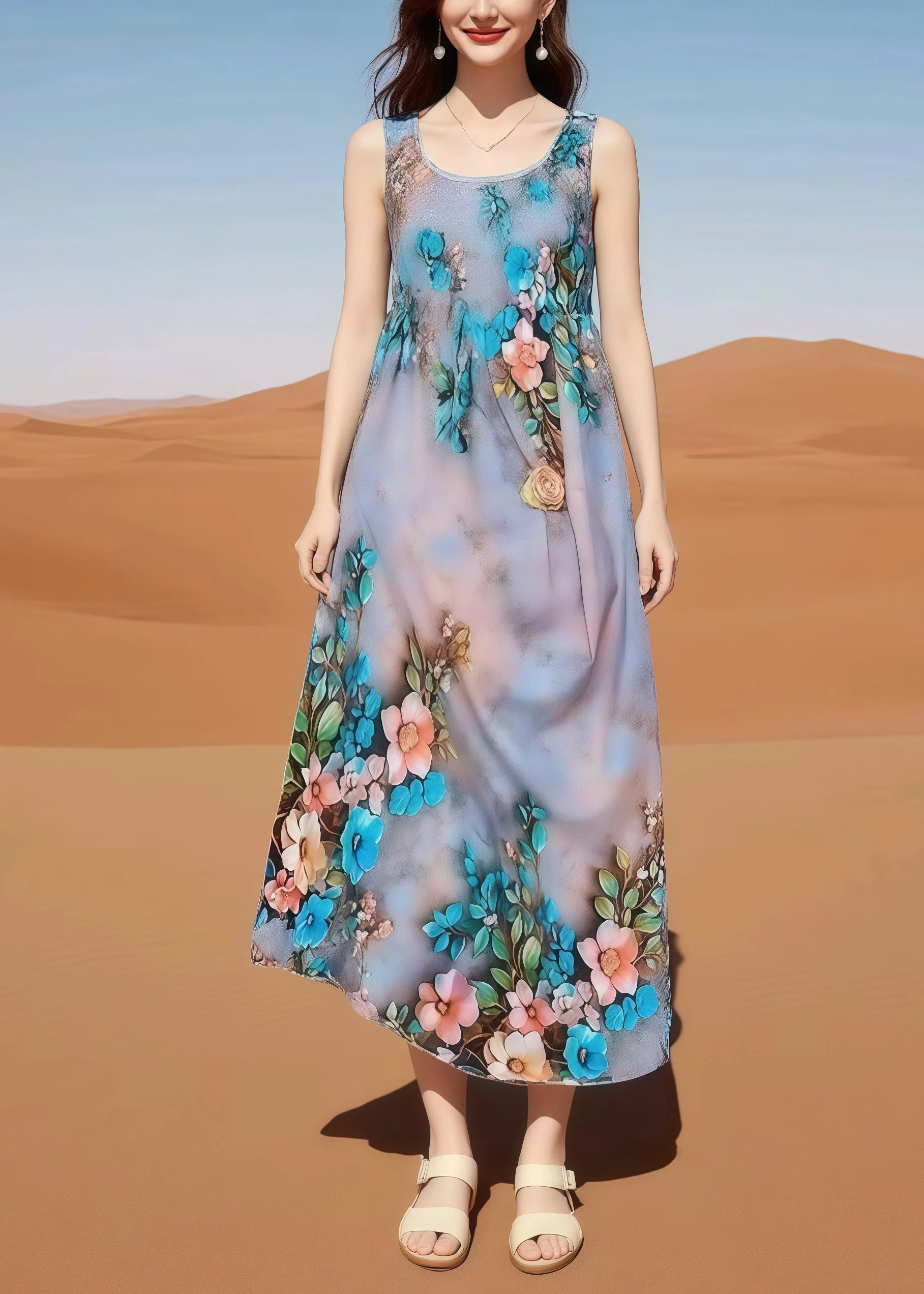 Bohemian Oversized Print Cotton Holiday Dress Sleeveless - Image 3