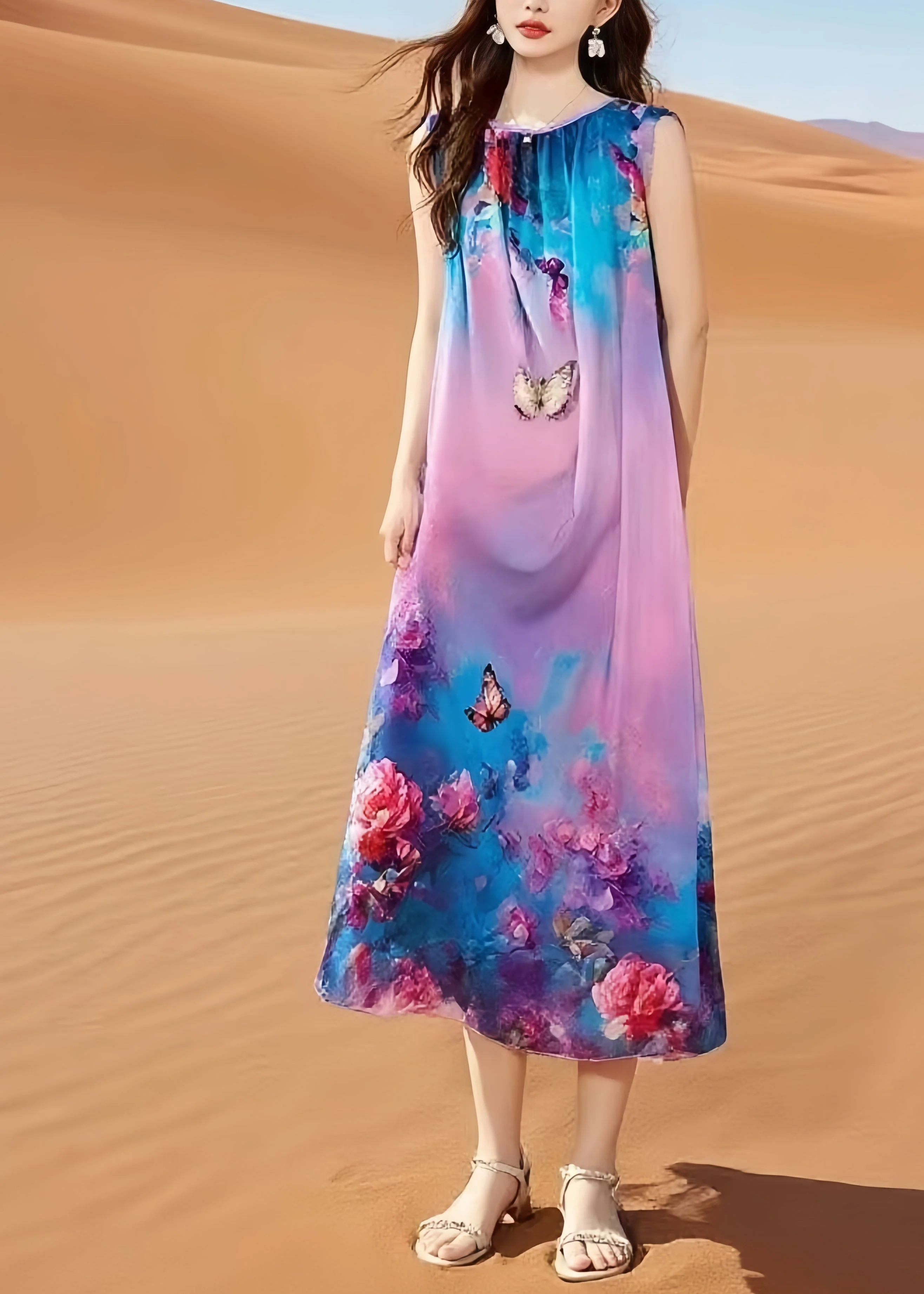 Bohemian Oversized Print Cotton Holiday Dress Sleeveless - Image 4