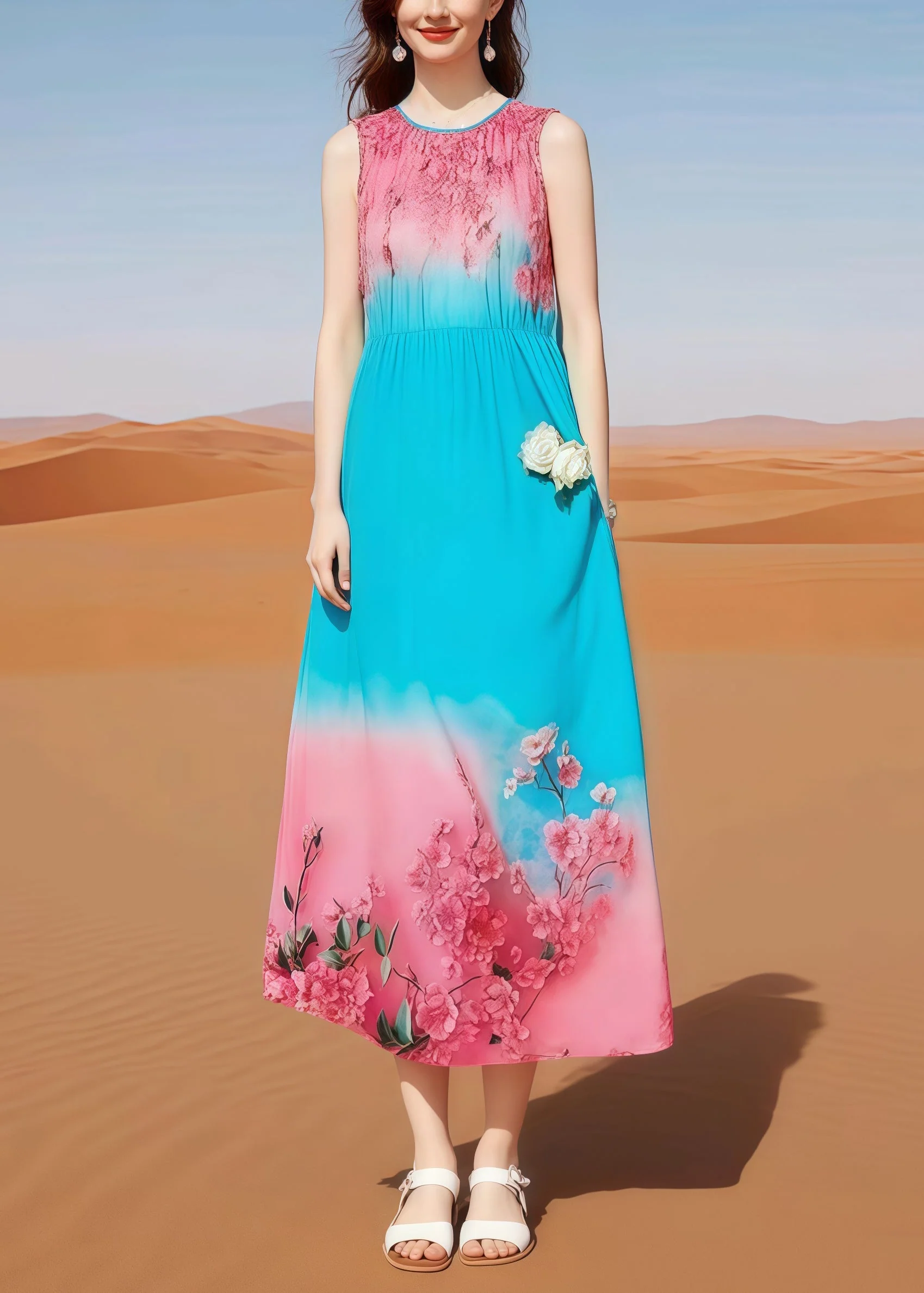 Bohemian Oversized Print Cotton Holiday Dress Sleeveless - Image 5