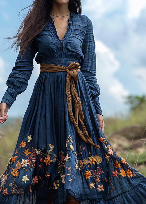 Bohemian Pastoral Blue Print Wrinkled Patchwork Cotton Ankle Dress Spring - Image 2