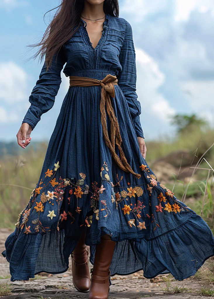 Bohemian Pastoral Blue Print Wrinkled Patchwork Cotton Ankle Dress Spring - Image 5
