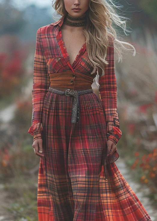 Bohemian Pastoral Style Plaid Maxi Dress Long Sleeve - Image 2
