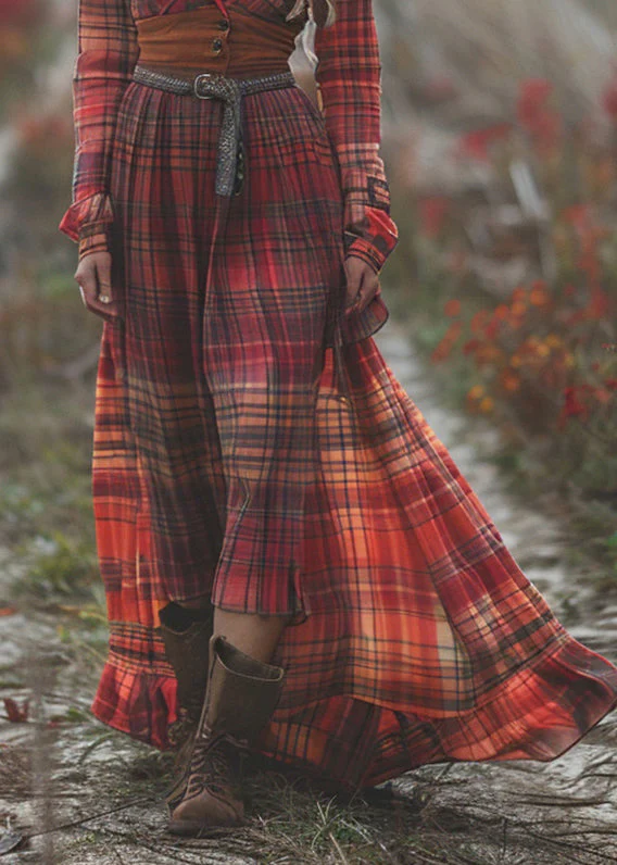 Bohemian Pastoral Style Plaid Maxi Dress Long Sleeve - Image 4