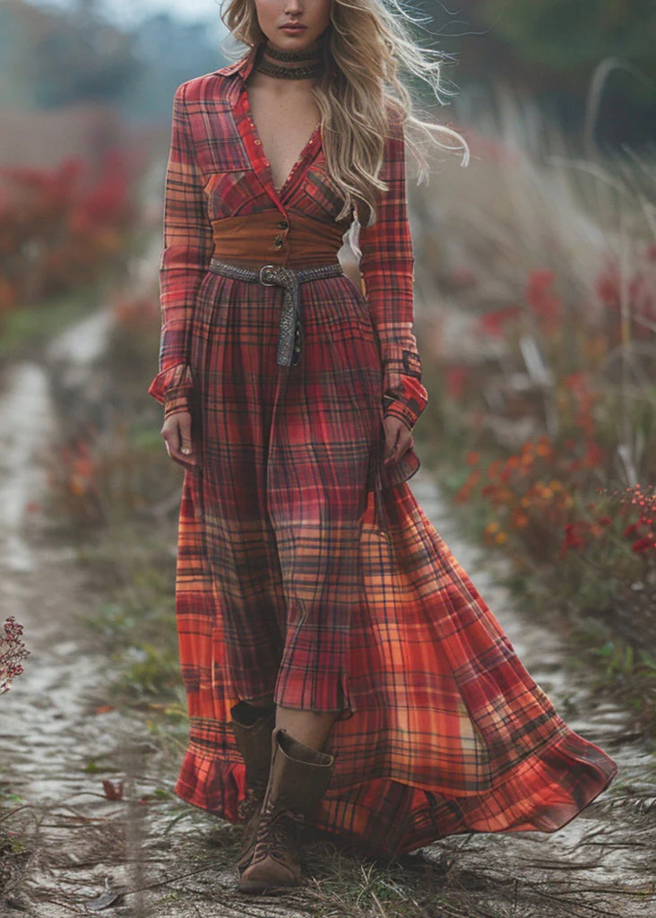 Bohemian Pastoral Style Plaid Maxi Dress Long Sleeve - Image 5
