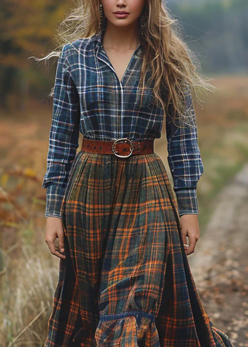 Bohemian Pastoral Style Plaid Patchwork Cotton Dresses Long Sleeve - Image 2