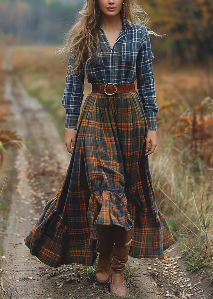 Bohemian Pastoral Style Plaid Patchwork Cotton Dresses Long Sleeve - Image 3