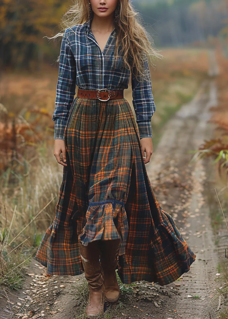 Bohemian Pastoral Style Plaid Patchwork Cotton Dresses Long Sleeve - Image 5