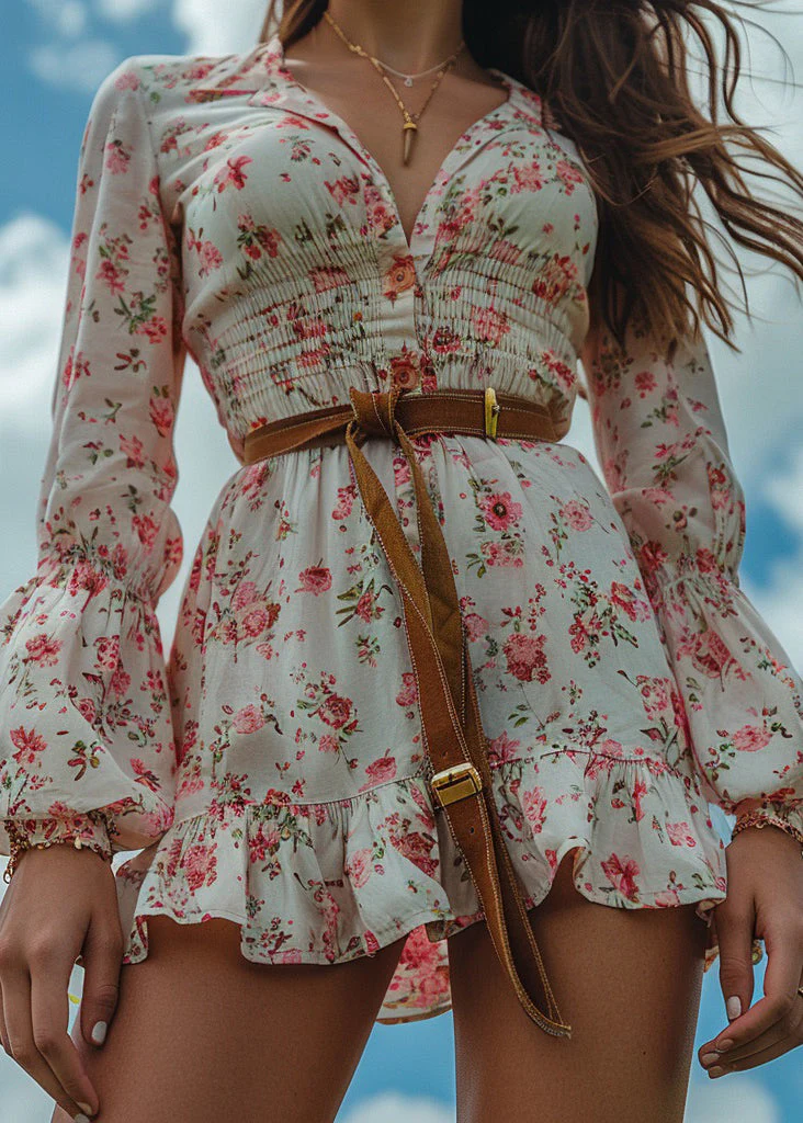 Bohemian Pastoral Style Ruffled Print Cotton Mini Dress Long Sleeve