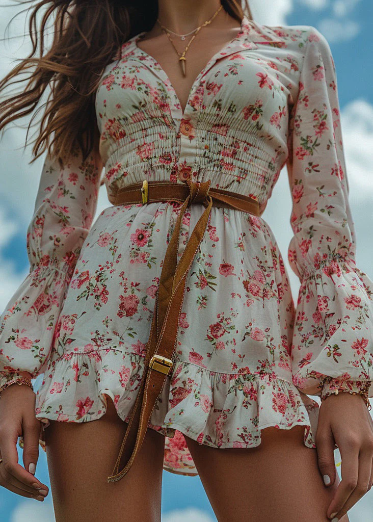 Bohemian Pastoral Style Ruffled Print Cotton Mini Dress Long Sleeve - Image 3