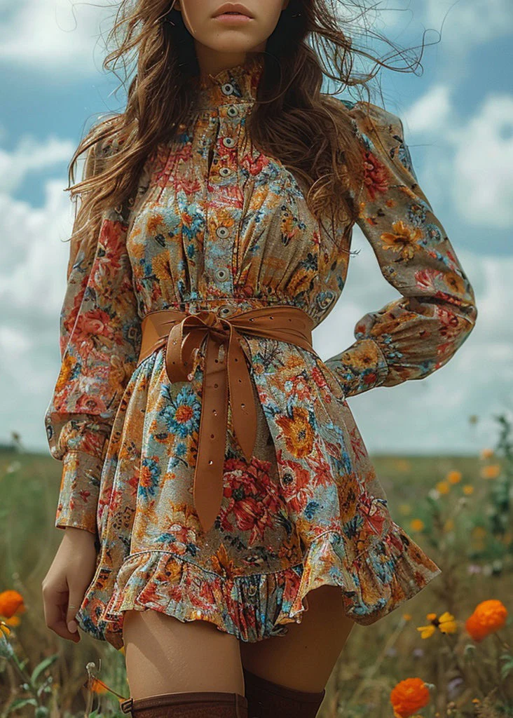 Bohemian Pastoral Style Ruffled Print Mini Dresses Long Sleeve - Image 3