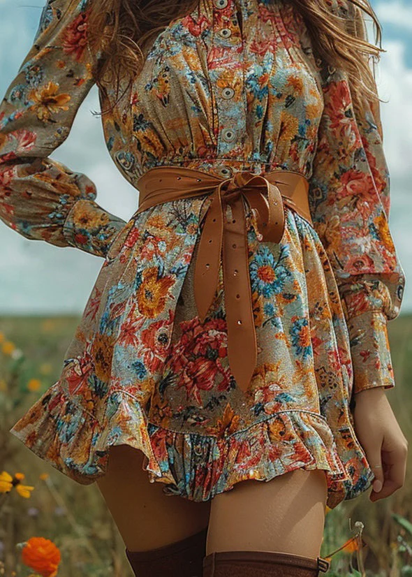 Bohemian Pastoral Style Ruffled Print Mini Dresses Long Sleeve - Image 4