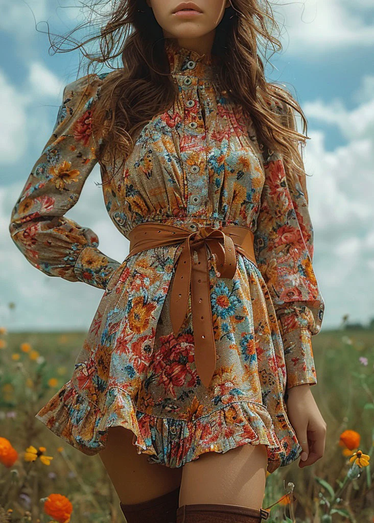Bohemian Pastoral Style Ruffled Print Mini Dresses Long Sleeve - Image 5
