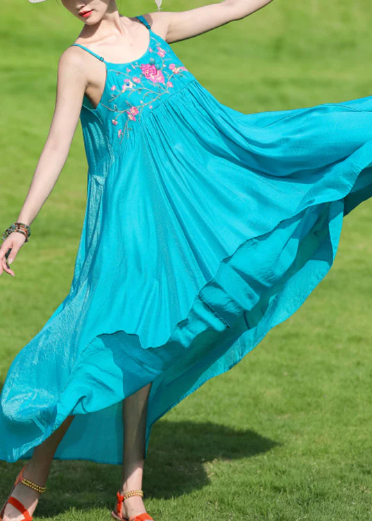 Bohemian Peacock Blue Embroideried Wrinkled Cotton Spaghetti Strap Dress Summer - Image 3