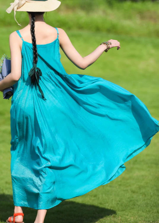 Bohemian Peacock Blue Embroideried Wrinkled Cotton Spaghetti Strap Dress Summer - Image 4