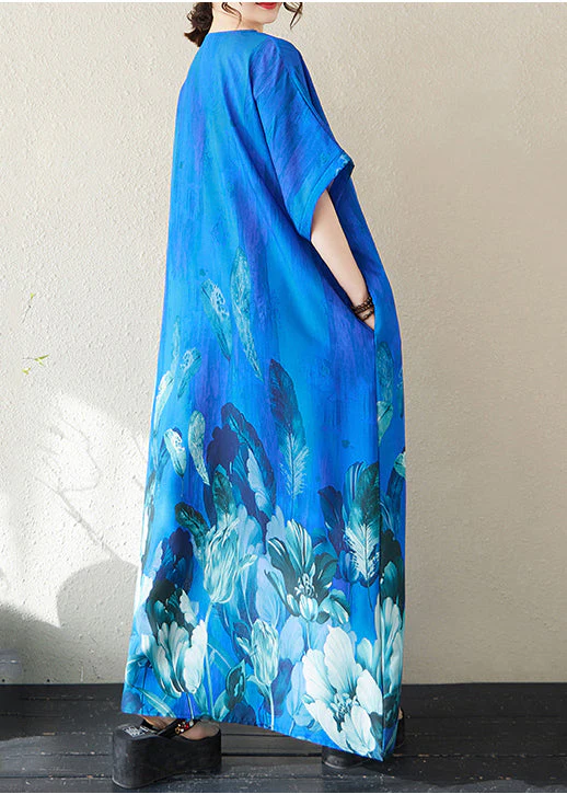 Bohemian Peacock Blue Oversized Print Holiday Dress Summer - Image 5