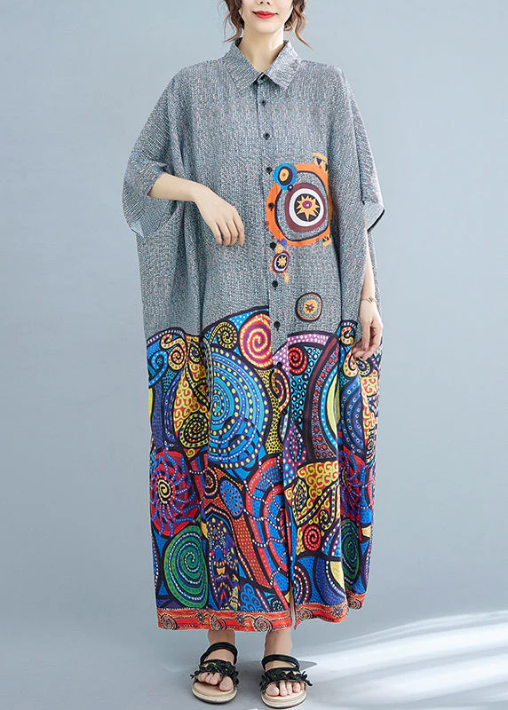 Bohemian Peter Pan Collar Button Print Holiday Dress Batwing Sleeve - Image 2