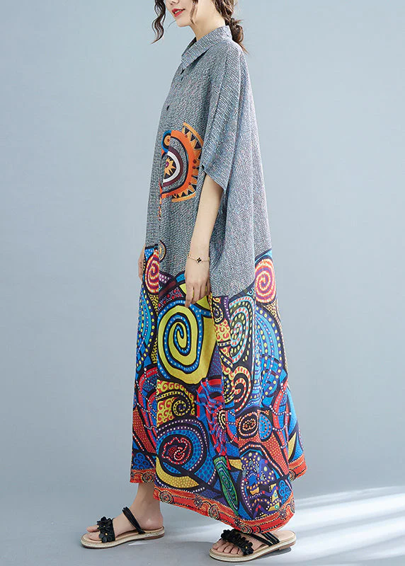 Bohemian Peter Pan Collar Button Print Holiday Dress Batwing Sleeve - Image 3