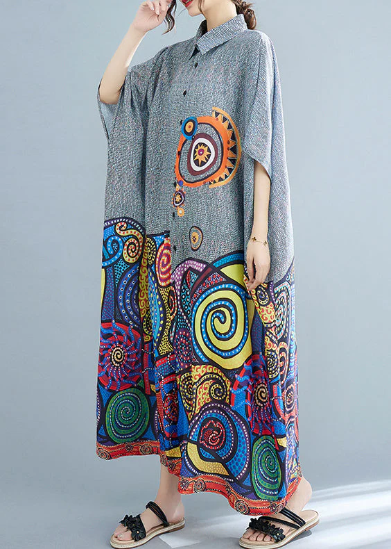 Bohemian Peter Pan Collar Button Print Holiday Dress Batwing Sleeve - Image 4