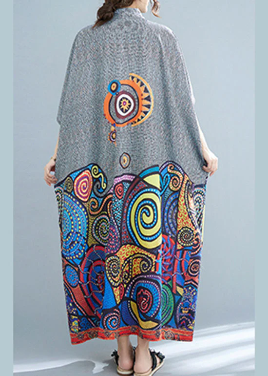 Bohemian Peter Pan Collar Button Print Holiday Dress Batwing Sleeve - Image 5