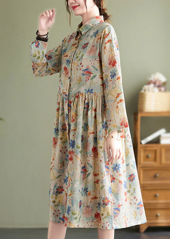 Bohemian Peter Pan Collar Print Wrinkled Cotton Dress Fall - Image 3