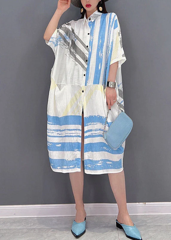 Bohemian Peter Pan Collar Striped Patchwork Button Pockets Dress Half Sleeve - Image 2
