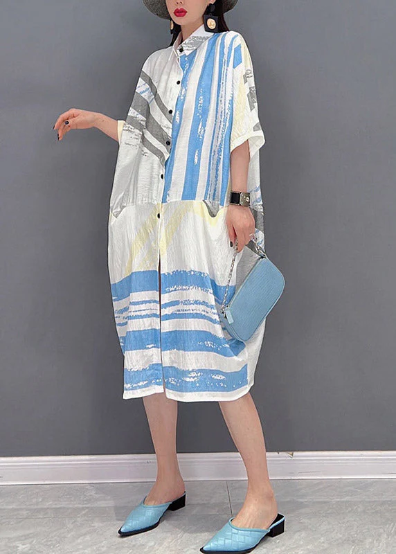 Bohemian Peter Pan Collar Striped Patchwork Button Pockets Dress Half Sleeve - Image 3