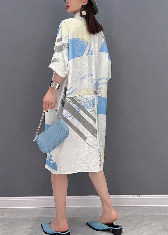 Bohemian Peter Pan Collar Striped Patchwork Button Pockets Dress Half Sleeve - Image 4