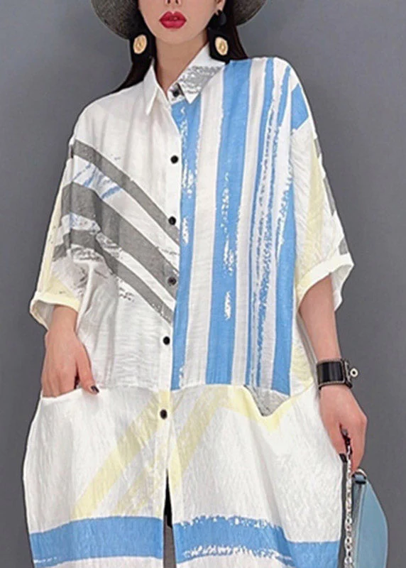 Bohemian Peter Pan Collar Striped Patchwork Button Pockets Dress Half Sleeve - Image 5
