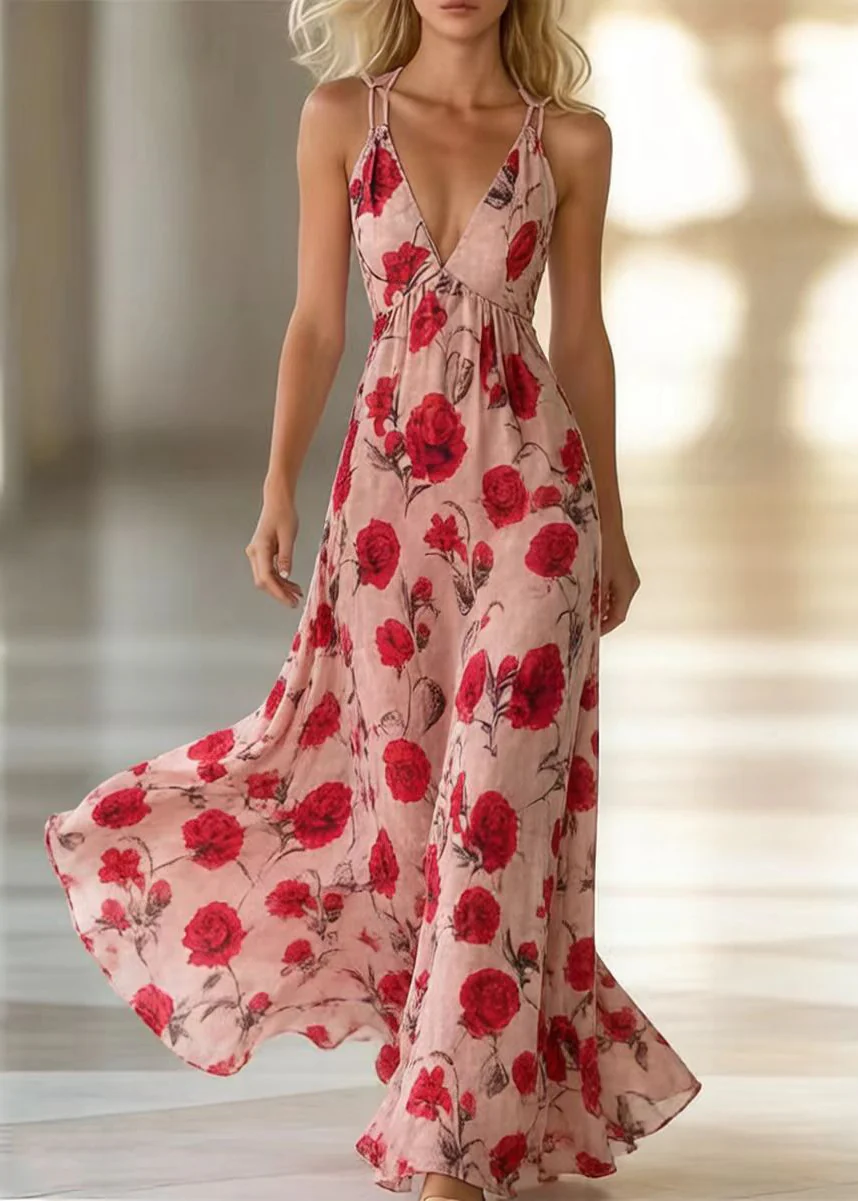 Bohemian Pink Floral Print Exra Large Hem Chiffon Vacation Dresses Summer - Image 3