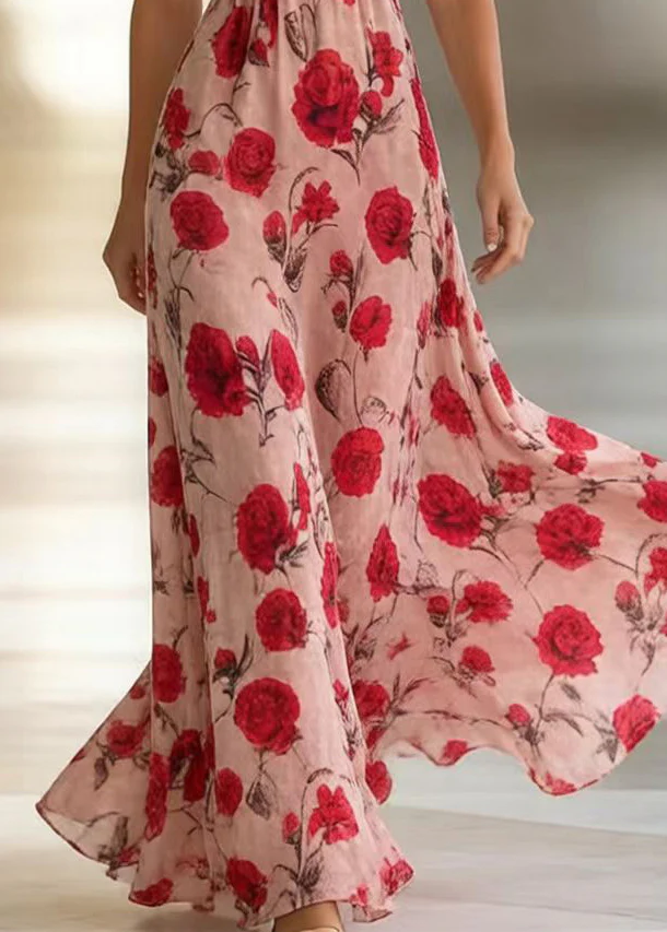Bohemian Pink Floral Print Exra Large Hem Chiffon Vacation Dresses Summer - Image 4
