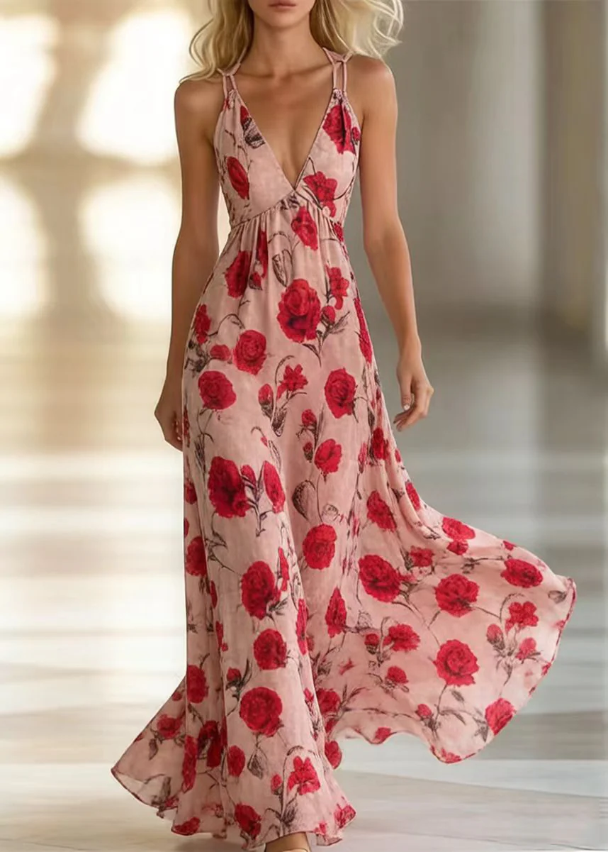 Bohemian Pink Floral Print Exra Large Hem Chiffon Vacation Dresses Summer - Image 5