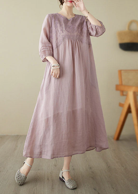 Bohemian Pink O-Neck Embroideried Patchwork Wrinkled Linen Long Dress Half Sleeve - Image 2