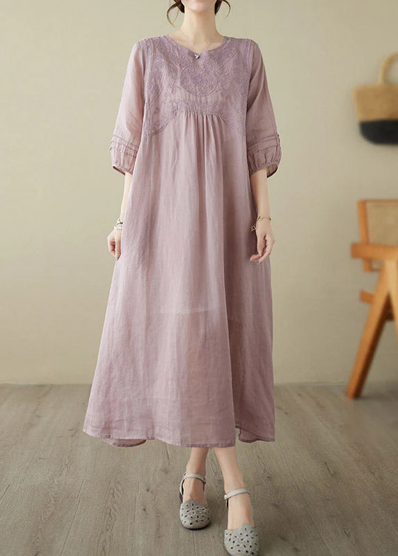 Bohemian Pink O-Neck Embroideried Patchwork Wrinkled Linen Long Dress Half Sleeve - Image 3