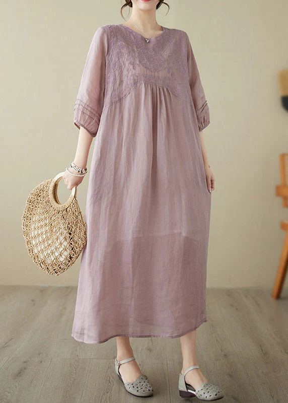 Bohemian Pink O-Neck Embroideried Patchwork Wrinkled Linen Long Dress Half Sleeve - Image 4