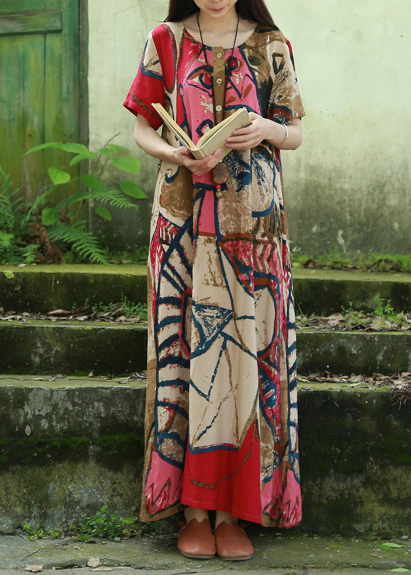 Bohemian Pink O-Neck Print Cotton Long Dress Short Sleeve - Image 2