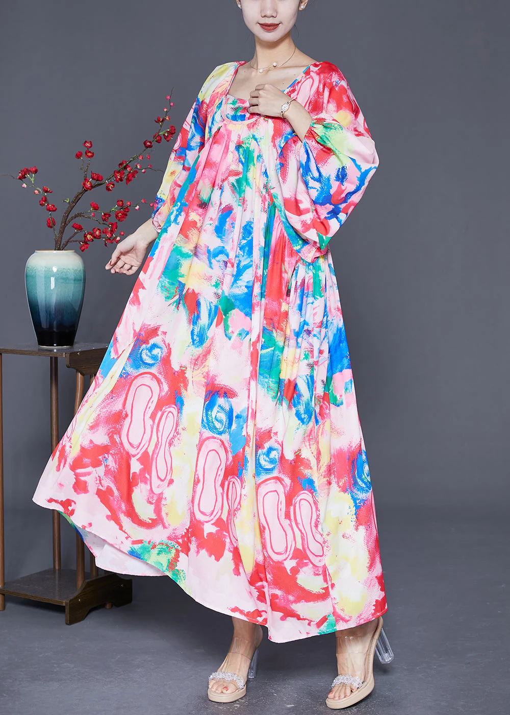 Bohemian Pink Oversized Print Chiffon Beach Dresses Lantern Sleeve - Image 2
