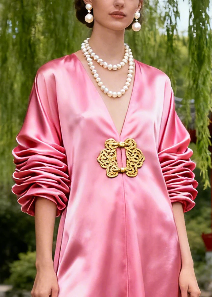 Bohemian Pink Oversized Wrinkled Draping Silk Holiday Dress Summer - Image 2