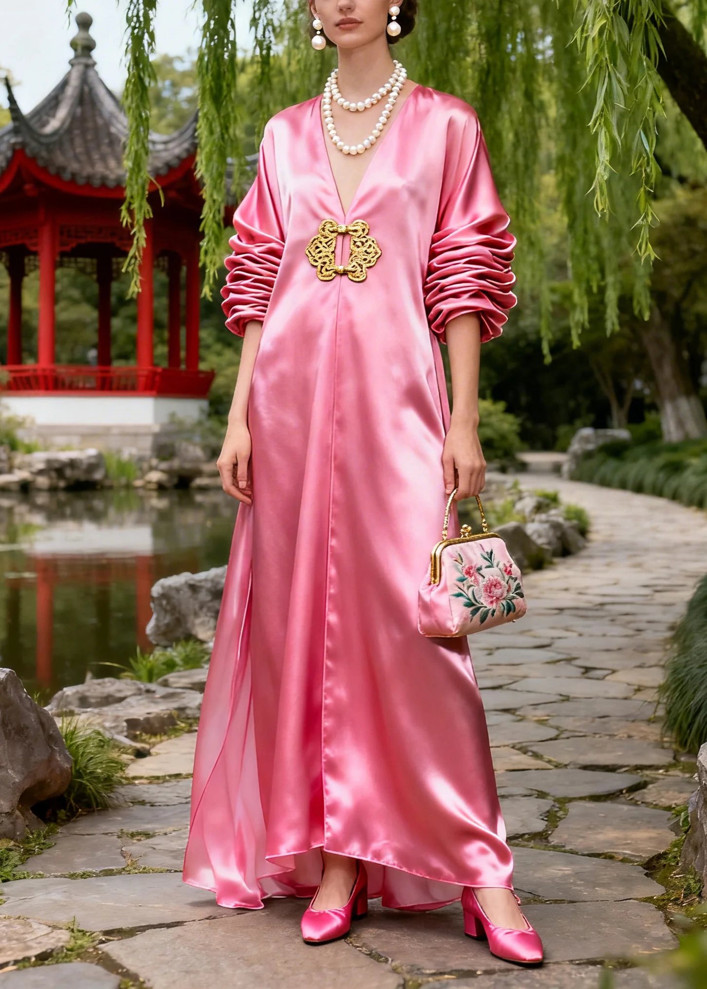 Bohemian Pink Oversized Wrinkled Draping Silk Holiday Dress Summer - Image 3